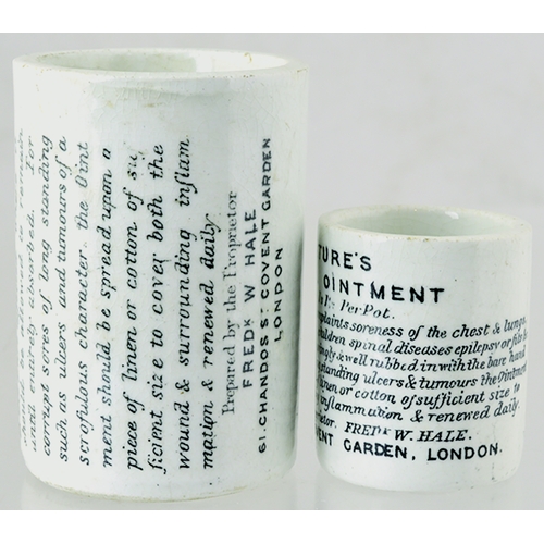 57 - LONDON OINTMENT POTS DUO. Tallest 2.6ins, off white with black transfers for NATURE’S HERBAL OINTMEN... 