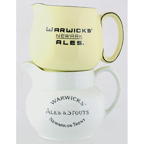 63 - NEWARK WARWICKS ALES PUB JUG DUO. Tallest 4.5ins, one white with gold rim to top & handle black tran... 