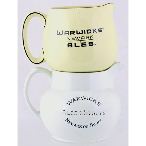 63 - NEWARK WARWICKS ALES PUB JUG DUO. Tallest 4.5ins, one white with gold rim to top & handle black tran... 