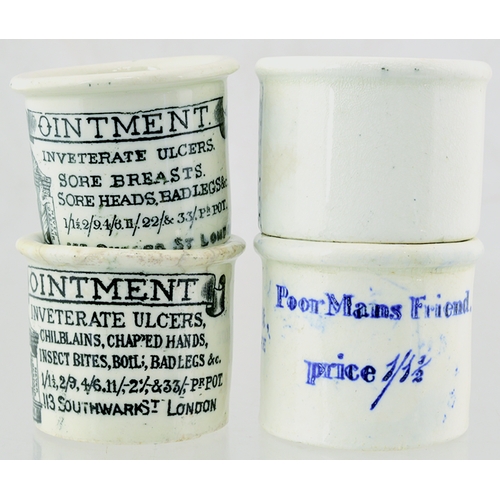 69 - OINTMENT POT GROUP. 1.25ins, black tansfer, two HOLLOWAYS OINTMENT, with woman pict in robe trade ma... 