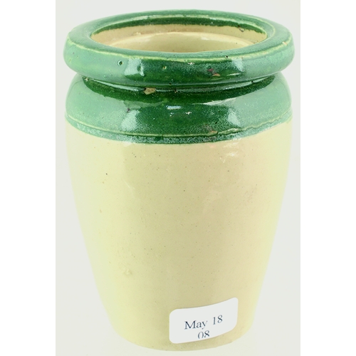 80 - MAIDSTONE CREAM POT. 3ins diam. Lower off white glaze, upper green glaze, transferred JORDAN & PAWLE... 