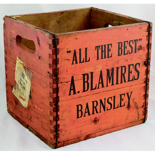 88 - BARNSLEY ADVERTISING WOODEN CRATE. 11.5 ins tall, bright orangey colour with lettering picked out in... 