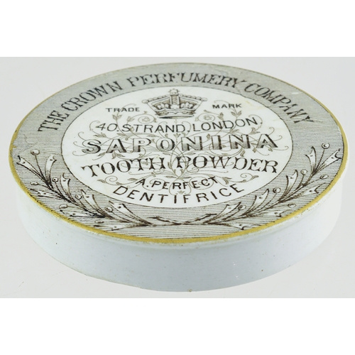 95 - SAPONINA TOOTH POWDER POT LID. 3.25ins diam. Sepia/ brown transfer for THE CROWN PERFUMERY COMPANY/ ... 