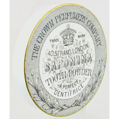 95 - SAPONINA TOOTH POWDER POT LID. 3.25ins diam. Sepia/ brown transfer for THE CROWN PERFUMERY COMPANY/ ... 