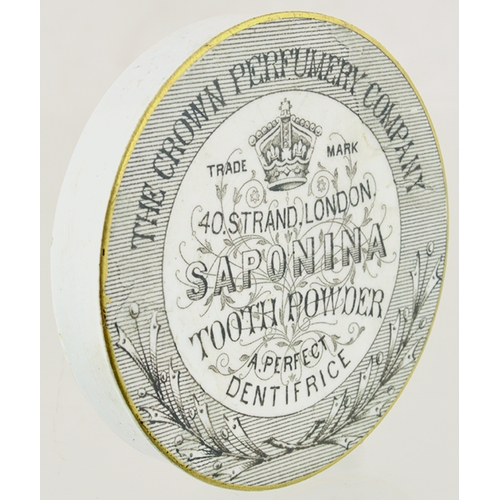 95 - SAPONINA TOOTH POWDER POT LID. 3.25ins diam. Sepia/ brown transfer for THE CROWN PERFUMERY COMPANY/ ... 