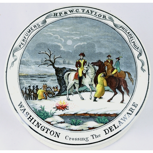 1 - WASHINGTON CROSSING THE DELAWARE POT LID & BASE. (KM 207) 5ins diam. Multicoloured pot lid portrayin... 