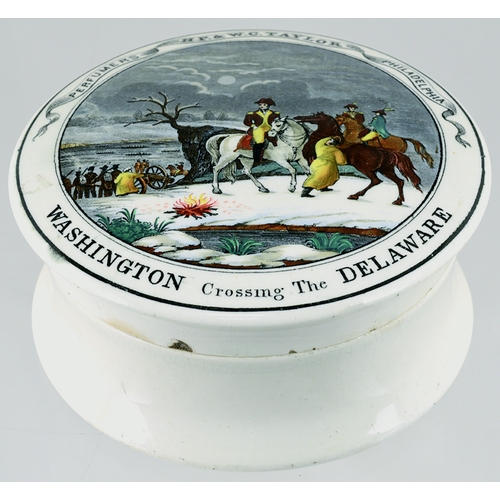 1 - WASHINGTON CROSSING THE DELAWARE POT LID & BASE. (KM 207) 5ins diam. Multicoloured pot lid portrayin... 