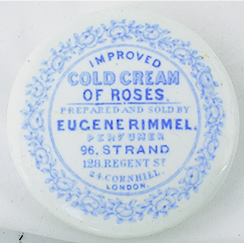 10 - EUGENE RIMMEL COLD CREAM POT LID. 2.75ins diam. Blue transfer IMPROVED/ COLD CREAM/ OF ROSES/.../ EU... 