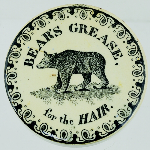 7 - BEARS GREASE EARLY POT LID. 2.25ins diam. Strong, crisp black transfer BEARS GREASE/ FOR THE HAIR wi... 