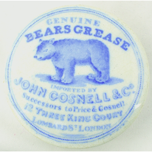 9 - GENUINE BEARS GREASE POT LID. 2.75ins diam. Blue transfer GENUINE/ BEARS GREASE/ IMPORTED BY/ JOHN G... 