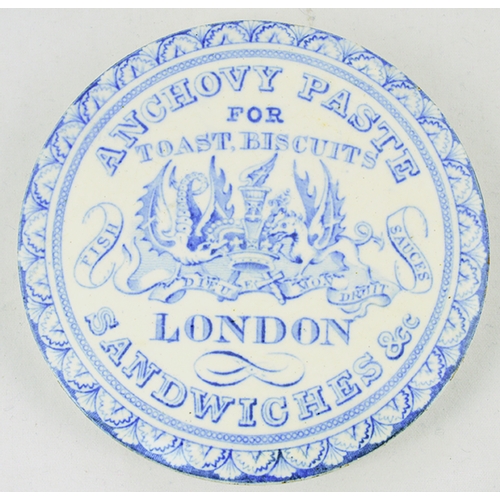 14 - ANCHOVY PASTE POT LID. 3.5ins diam. Blue transfer ANCHOVY PASTE/ FOR/ TOAST BISCUITS/ LONDON/ SANDWI... 