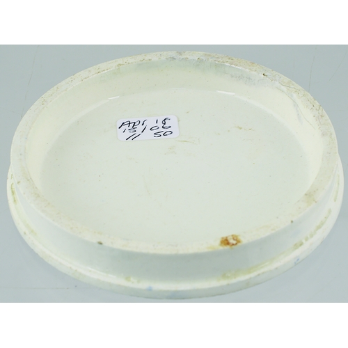 14 - ANCHOVY PASTE POT LID. 3.5ins diam. Blue transfer ANCHOVY PASTE/ FOR/ TOAST BISCUITS/ LONDON/ SANDWI... 