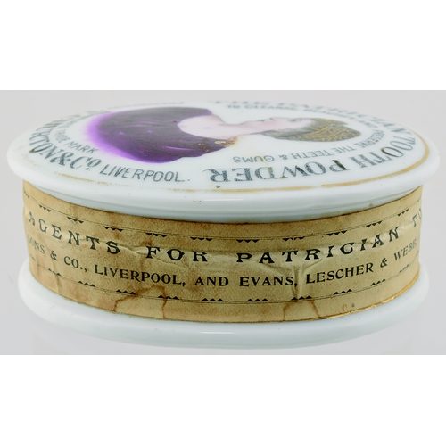 20 - LIVERPOOL TOOTH POWDER. 3.75 x 2.75ins. Oval shape, white background with coloured pict. image of el... 