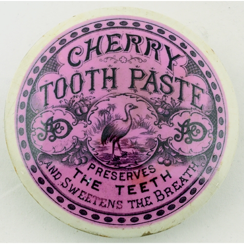 21 - CHERRY TOOTH PASTE POT LID. 3.5ins diam. Pink transfer, CHERRY/ TOOTH PASTE/ PRESERVES/ THE TEETH/ A... 