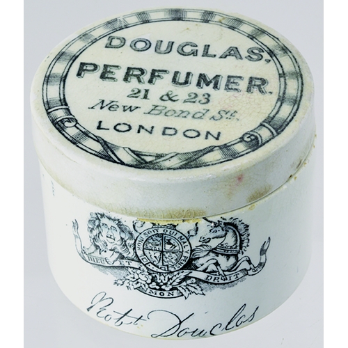 24 - LONDON DOUGLAS PERFUMER POT LID & BASE. 2.25ins diam. Black transfer DOUGLAS/ PERFUMER/ 21 & 23/ NEW... 