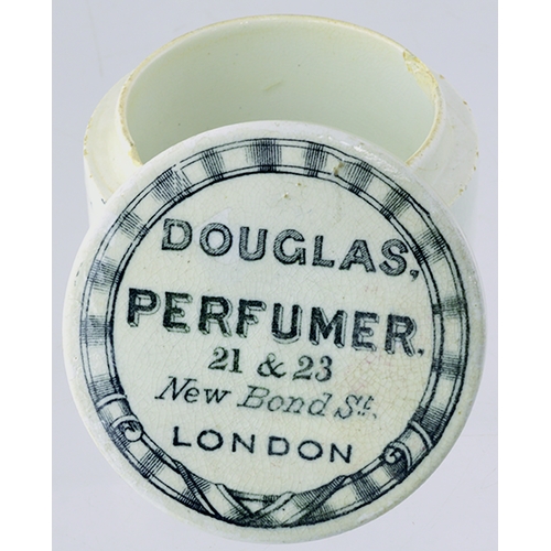 24 - LONDON DOUGLAS PERFUMER POT LID & BASE. 2.25ins diam. Black transfer DOUGLAS/ PERFUMER/ 21 & 23/ NEW... 