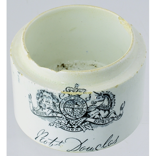 24 - LONDON DOUGLAS PERFUMER POT LID & BASE. 2.25ins diam. Black transfer DOUGLAS/ PERFUMER/ 21 & 23/ NEW... 