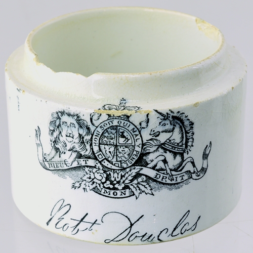 24 - LONDON DOUGLAS PERFUMER POT LID & BASE. 2.25ins diam. Black transfer DOUGLAS/ PERFUMER/ 21 & 23/ NEW... 