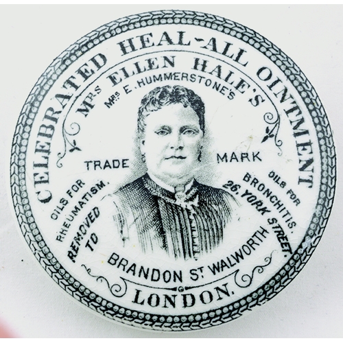 26 - MRS ELLEN HALES OINTMENT POT LID. 3ins diam. Strong black transfer CELEBRATED HEAL-ALL OINTMENT/ MRS... 