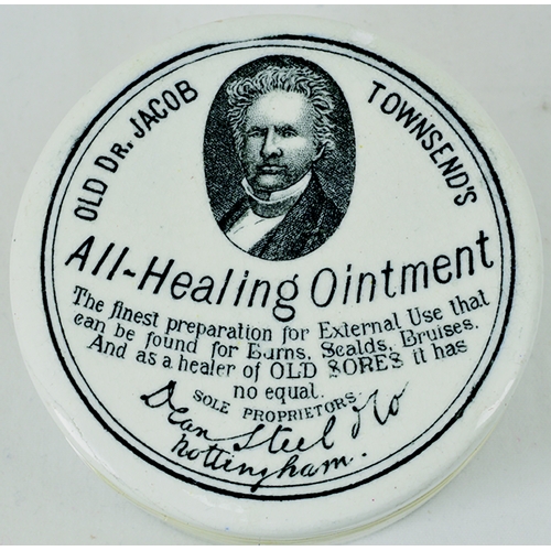 31 - NOTTINGHAM DR TOWNSENDS OINTMENT POT LID & BASE. 2.75ins diam. Strong black transfer OLD DR JACOB TO... 