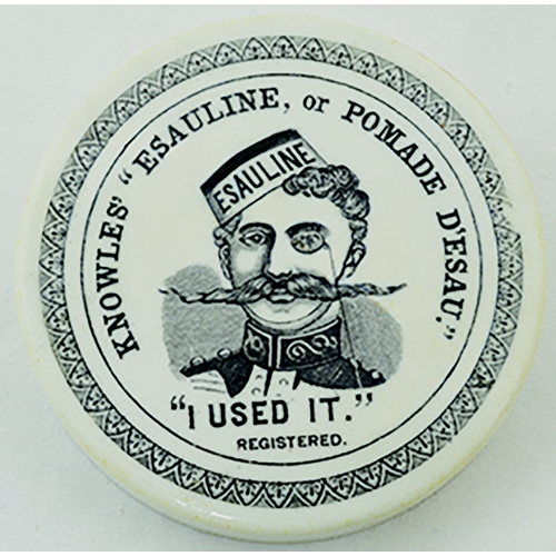 32 - KNOWLES ESAULINE POT LID. 3ins diam. Crisp black transfer, KNOWLES ESAULINE OR POMADE DESAU moustach... 