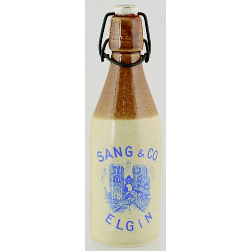 34 - ELGIN GINGER BEER. 9ins tall to top of stopper. T.t. ch, s.s, blue transfer SANG & CO/ ELGIN, centra... 