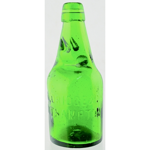 44 - SOUTHAMPTON DUMPY GREEN CODD. 7.5ins tall, bright/ vivid green glass, aqua marble. Classic dumpy sha... 