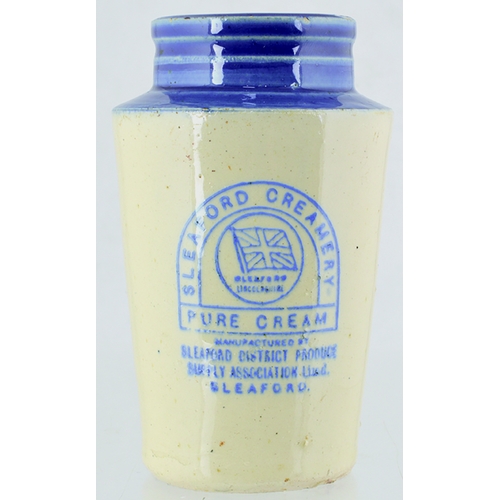 63 - SLEAFORD CREAM POT. 5.5ins tall. Blue top, blue transfer, SLEAFORD CREAMERY/ PURE CREAM..../ SLEAFOR... 