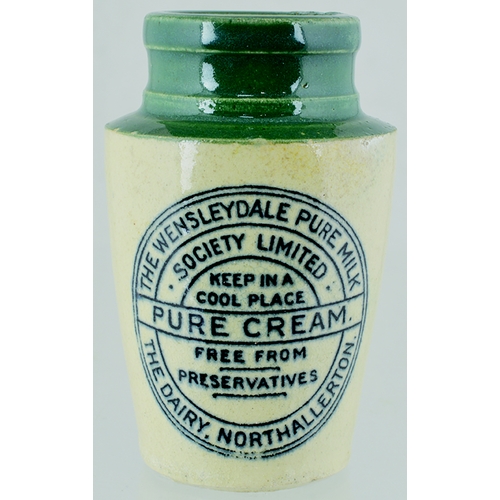 64 - NORTHALLERTON GREEN TOP CREAM POT. 4ins tall. Green top, black transfer THE WENSLEYDALE PURE MILK/..... 