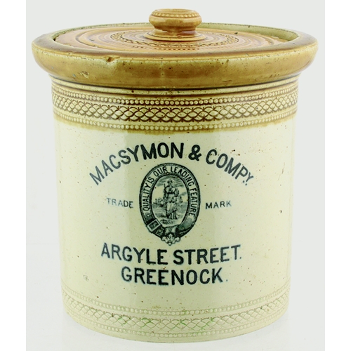 65 - GREENOCK BUTTERCROCK. 8ins tall to top of lid. Tan top & lid, wheeled decoration, strong black trans... 