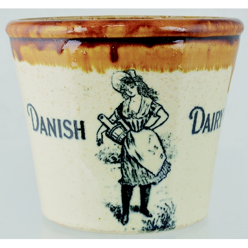 66 - DANISH DAIRY BUTTERCROCK. 5ins tall. Tan top, rear handle, strong black transfer of dairy maid DANIS... 