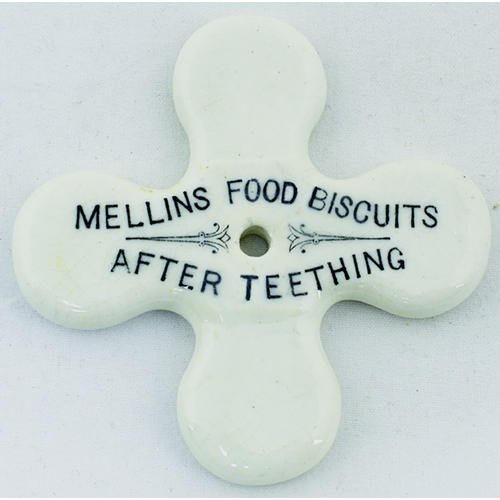 69 - MELLINS BABY TEETHER. 2.75ins wide. Off white glaze, black transfer MELLINS FOOD/ FOR INFANTS one si... 