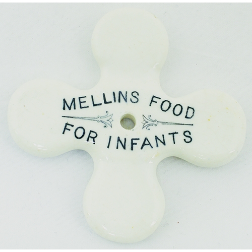 69 - MELLINS BABY TEETHER. 2.75ins wide. Off white glaze, black transfer MELLINS FOOD/ FOR INFANTS one si... 