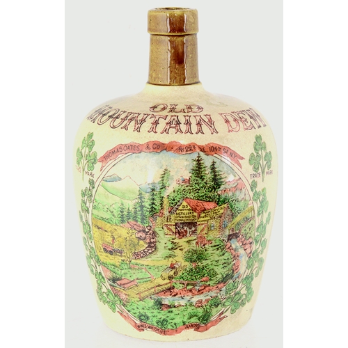 77 - MOUNTAIN DEW WHISKY JUG. 7.75ins tall. Tan neck & rear handle, main body cream glaze, multicoloured ... 