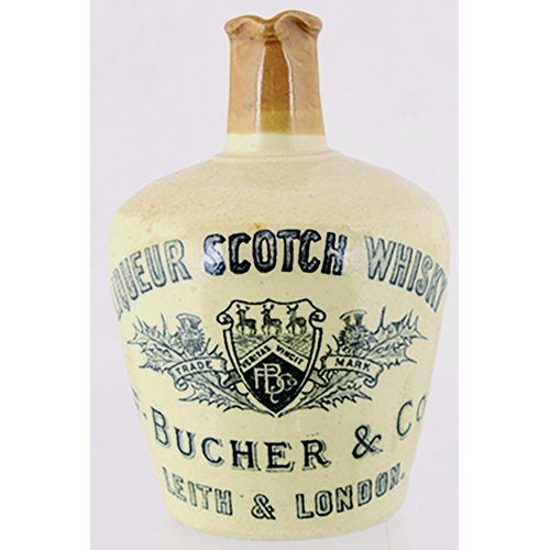 78 - BUCHER & CO WHISKY JUG. (WG pg 37) 7ins tall. Tan neck & rear handle strong black transfer LIQUEUR S... 