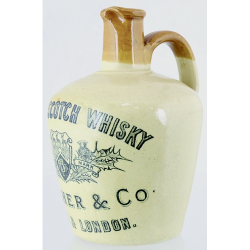 78 - BUCHER & CO WHISKY JUG. (WG pg 37) 7ins tall. Tan neck & rear handle strong black transfer LIQUEUR S... 