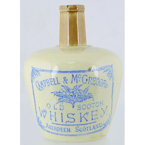 79 - ABERDEEN WHISKY JUG. (WG pg 40) 6.5ins tall. Tan neck & rear handle, blue transfer CAMPBELL & MCGREG... 