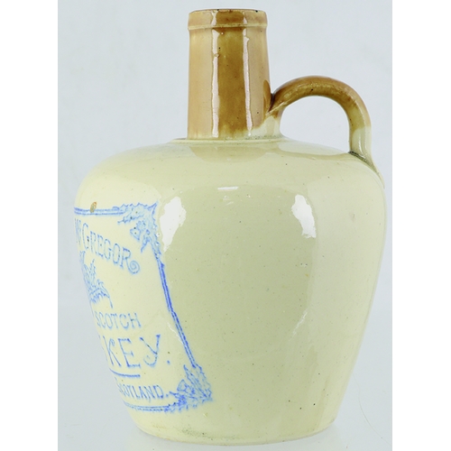 79 - ABERDEEN WHISKY JUG. (WG pg 40) 6.5ins tall. Tan neck & rear handle, blue transfer CAMPBELL & MCGREG... 