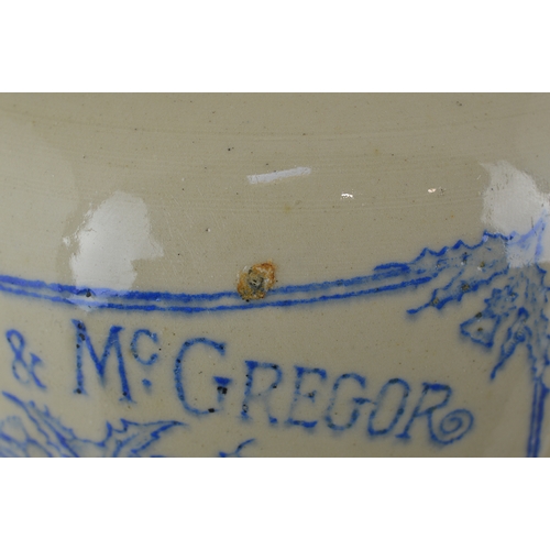 79 - ABERDEEN WHISKY JUG. (WG pg 40) 6.5ins tall. Tan neck & rear handle, blue transfer CAMPBELL & MCGREG... 