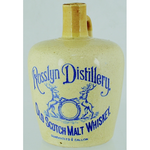 80 - ROSSLYN DISILLERY WHISKY JUG. (WG pg 163) 7.25ins tall. Tan neck & rear handle, strong blue transfer... 