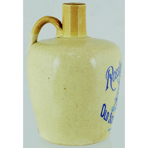 80 - ROSSLYN DISILLERY WHISKY JUG. (WG pg 163) 7.25ins tall. Tan neck & rear handle, strong blue transfer... 