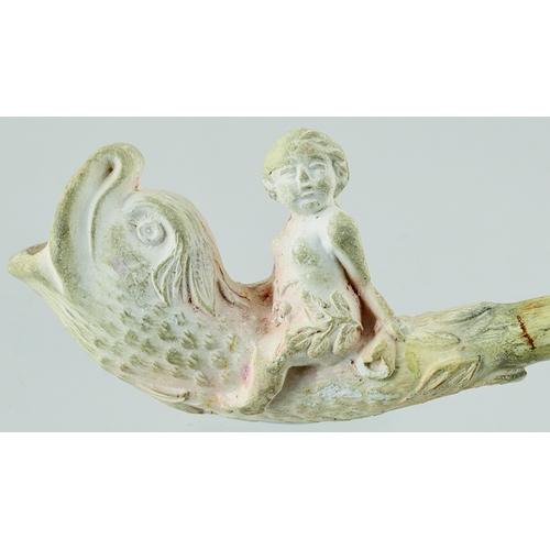 91 - CLAY PIPE. 1.5ins tallest point. Boy on fish detail forms the bowl. Some light staining otherwise ve... 