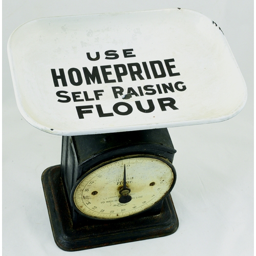 97 - EARLY 20TH CENTURY HOMEPRIDE ADVERTISING SCALES. 11ins tall to top of fixed enamel pan, USE/ HOMEPRI... 