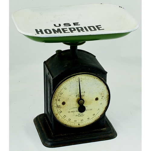 97 - EARLY 20TH CENTURY HOMEPRIDE ADVERTISING SCALES. 11ins tall to top of fixed enamel pan, USE/ HOMEPRI... 