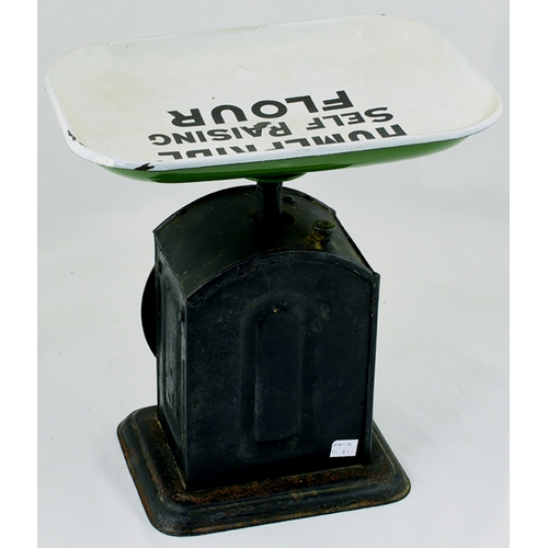 97 - EARLY 20TH CENTURY HOMEPRIDE ADVERTISING SCALES. 11ins tall to top of fixed enamel pan, USE/ HOMEPRI... 