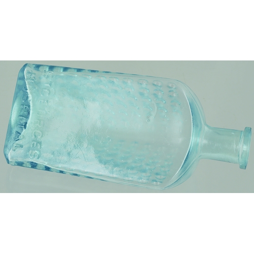 100 - ST GEORGES HOSPITAL POISON BOTTLE. 5.5ins tall. Ice blue glass, triangular shape bottle raised dots ... 