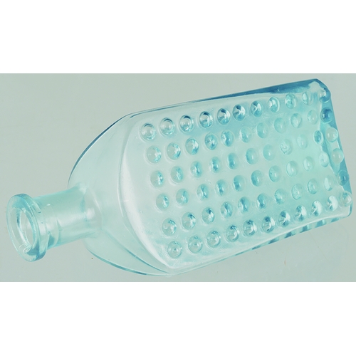 100 - ST GEORGES HOSPITAL POISON BOTTLE. 5.5ins tall. Ice blue glass, triangular shape bottle raised dots ... 