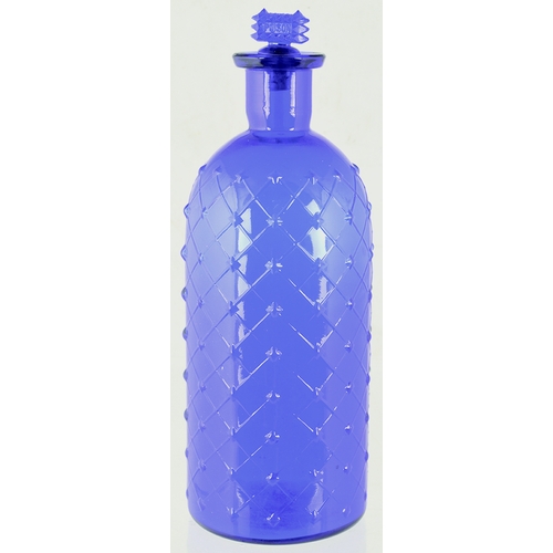 102 - CYLINDRICAL POISON BOTTLE. 10ins tall to top of cut glass stopper, embosed POISON. Bright cobalt blu... 