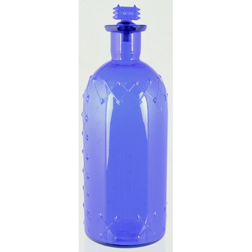 102 - CYLINDRICAL POISON BOTTLE. 10ins tall to top of cut glass stopper, embosed POISON. Bright cobalt blu... 