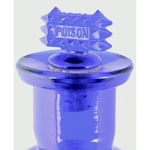 102 - CYLINDRICAL POISON BOTTLE. 10ins tall to top of cut glass stopper, embosed POISON. Bright cobalt blu... 